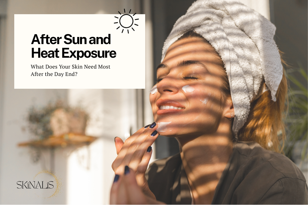 Aesthetic skincare products arranged on a neutral background, highlighting an evening skincare routine for after-sun recovery