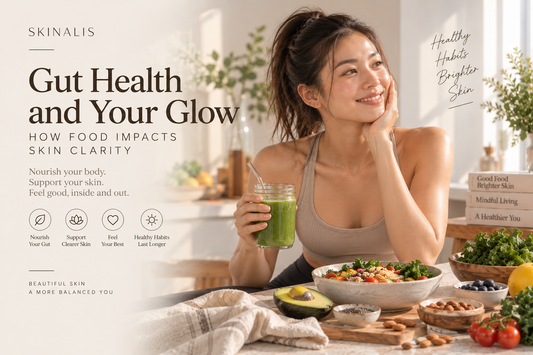 Smiling woman sitting at a table filled with fresh vegetables, berries, and healthy grains representing the link between gut health and glowing skin.