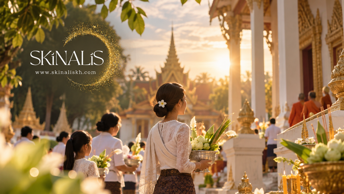 A woman in traditional Cambodian dress carrying a silver bowl of lotus offerings at a temple during sunset, featuring the SKINALiS logo overlay.