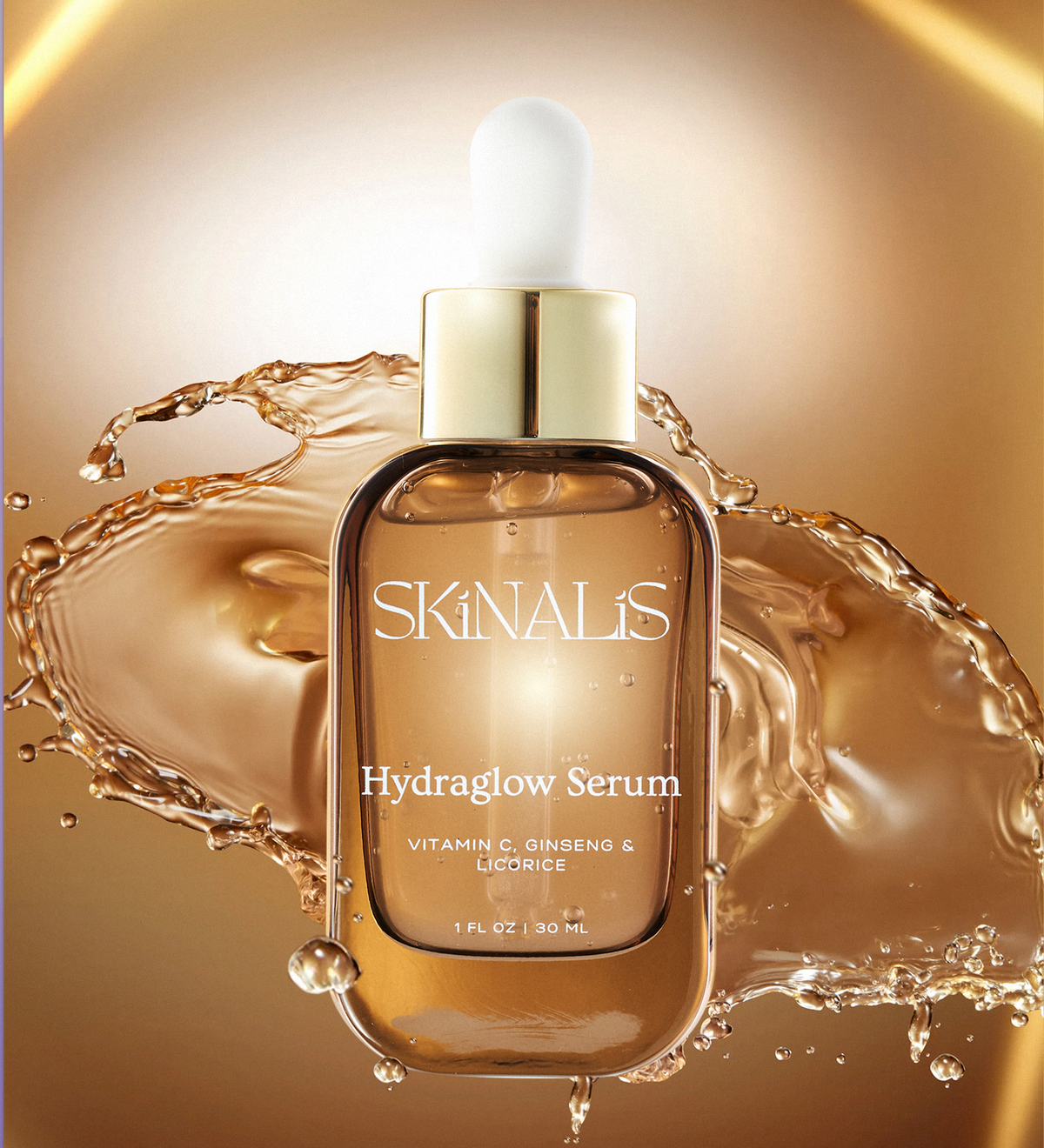Skinalis Hydraglow Serum bottle with golden liquid background
